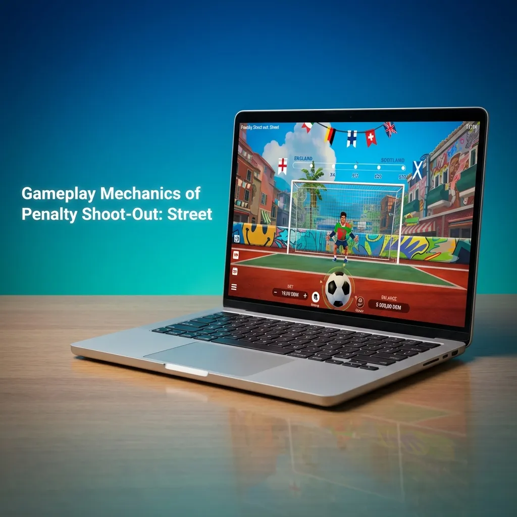 Street football penalty game showing shooting targets, goalkeeper controls, and betting interface with multiplier zones