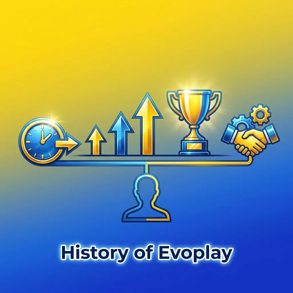 Evoplay logo and timeline showing company evolution from 2003 land-based casinos to digital gaming leader with 160+ titles
