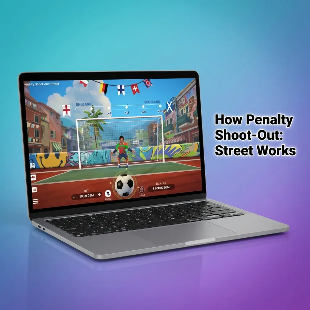 Player taking penalty kick aiming at goal zones while goalkeeper prepares to defend in street-style soccer game