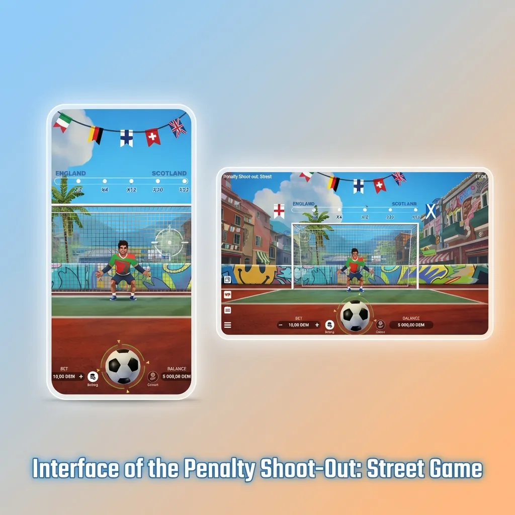 Street football penalty shootout game interface showing goalkeeper, goal, and betting controls at bottom of screen