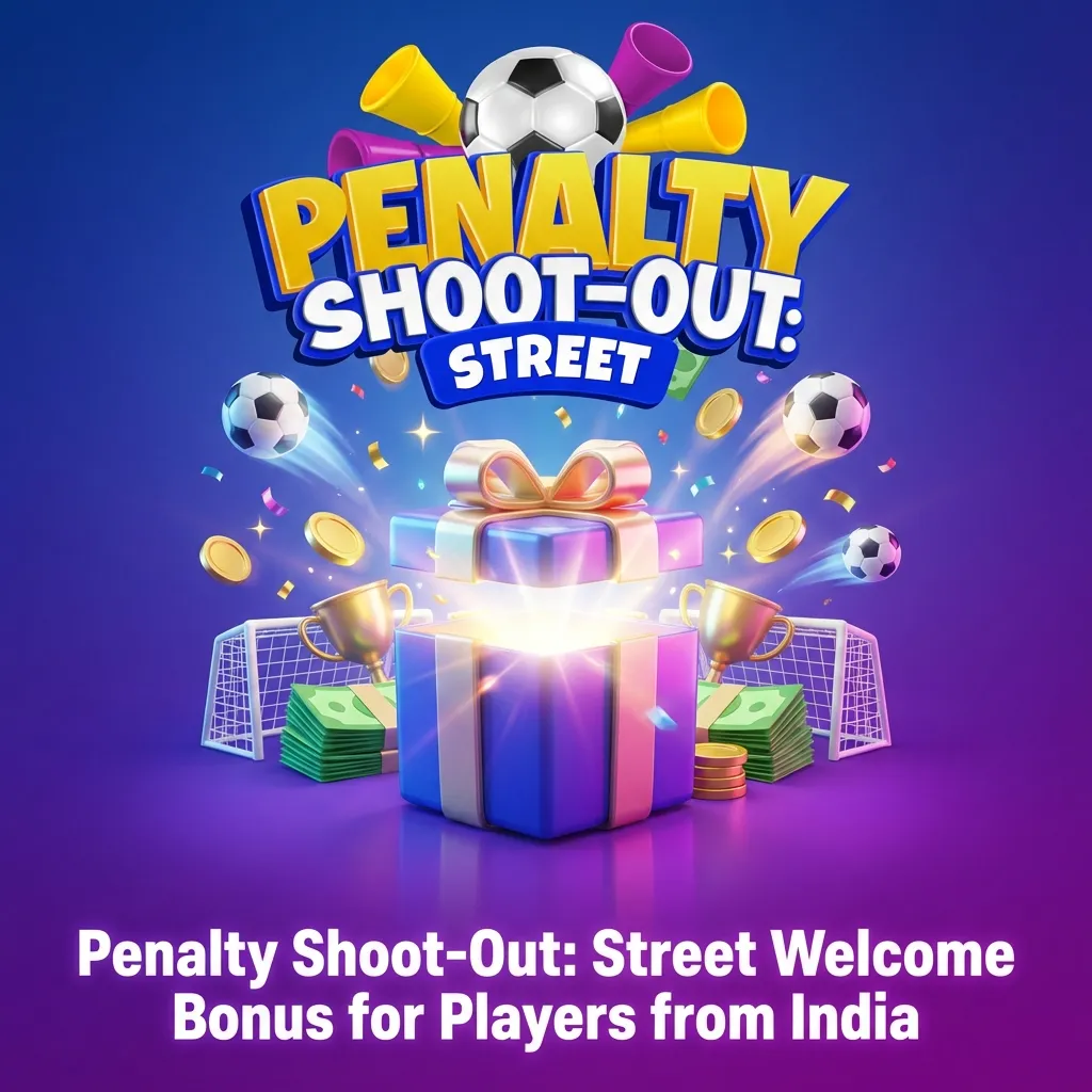 Soccer-themed casino bonus welcome screen showing Penalty Shoot-Out Street game promotion for Indian players