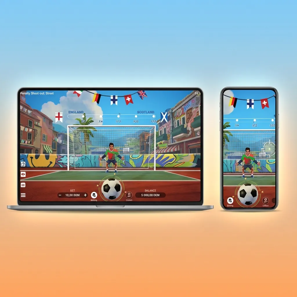 Penalty Shoot-Out: Street game interface shown on multiple devices including Android, iOS, Windows, and macOS platforms