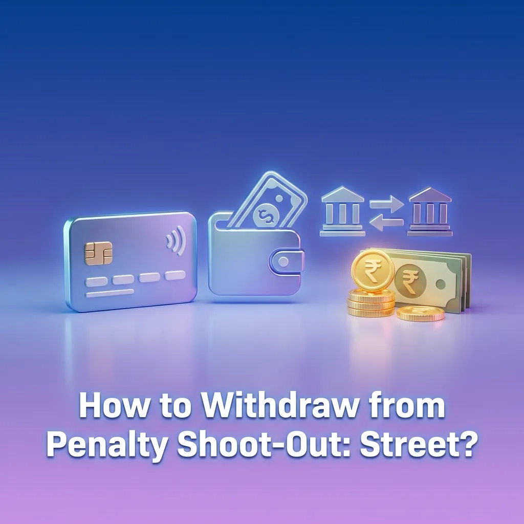 Guide showing withdrawal process from Penalty Shoot-Out: Street game with UPI payment options and verification steps