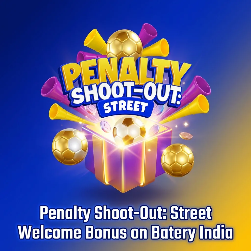 Batery India casino welcome bonus offer showing ₹1,50,000 + 430 free spins for Penalty Shoot-Out: Street game